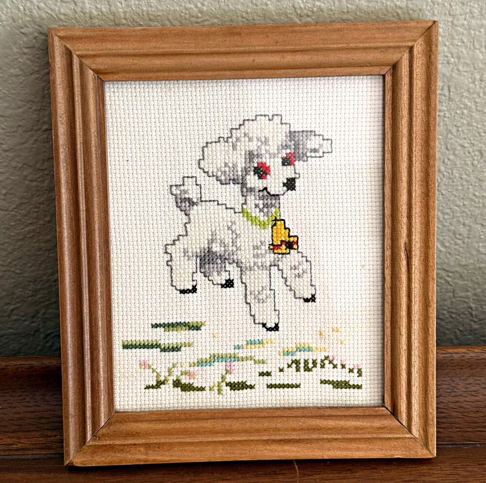 Handmade Framed Cross Stitch White Poodle Dog w/ Yellow Bow Wooden Frame